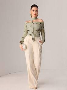 Modelyn Autumn Knitted Sexy Sheer Mesh Ribbon Print T-Shirt - Green - View 7