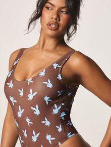 Missguided x Playboy One Piece Bunny Print V Neck Regular Strap Swimsuit With Padded Bust Support And Full Coverage Bottom - Brown - View 4