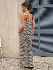 Cévolie Women's Vintage French Houndstooth Crop Top & Wide Leg Pants 2 Pieces Set, Spring/Autumn - Brown - View 2