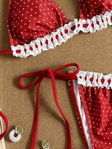 Swim Mod Women's Sweet INS Style Swimsuit Set, Halter Halter, Red Polka Dot & White Lace Trim - Multicolor - View 4