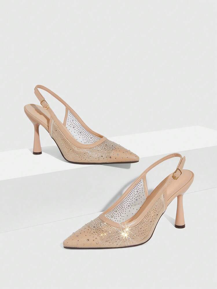 CUCCOO SZL Apricot Transparent Rhinestone Pointed Toe Backless High Heel Fashion Sexy Ladies Pumps, Spring/Autumn Valentine's Day