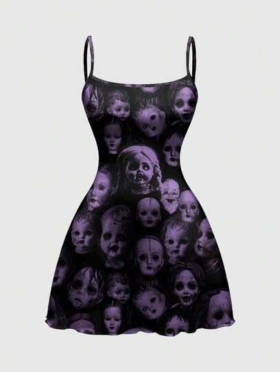 Robe moulante camisole gothique sombre et mystérieuse avec imprimé poupée effrayante, taille grande