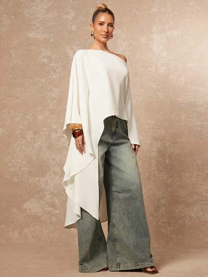 Lumalex Nueva Blusa Casual/Elegante de Manga Larga para Mujer con Dobladillo Asimétrico Suelto de unicolor Blanco para Mujeres, Ideal para Fiestas Lujosas, Reuniones, Banquetes, Fiestas Modestas, Fiestas de Año Nuevo, Fiestas de Navidad, Festivales, Vacaciones, Bodas y talla grande