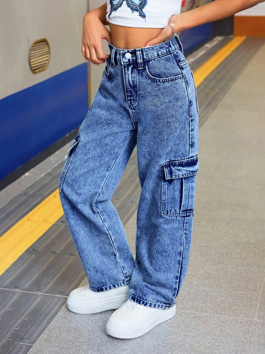 SHEIN Tween Girl Casual Baggy Denim Pants With Flap Pockets And Contrast Stitching Details Straight Leg Cargo Jeans,For Spring And Summer Fall Winter - Medium Wash - View 1