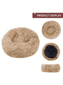 1 pieza Cama redonda para mascotas de unicolor y peluche, no desmontable, suave y cómoda, lavable a máquina, adecuada para uso diario y viajes con gatos/perros, apta para mascotas pequeñas y medianas - Champán - Ver 5