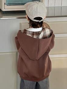 DAZY Kids Boys Plaid Patchwork Hooded Jacket, Casual Loose Fit Letter Print, Autumn - Brown - View 3