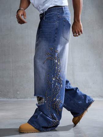 Men's Pocket Distressed Studded Wide Leg Casual Jeans