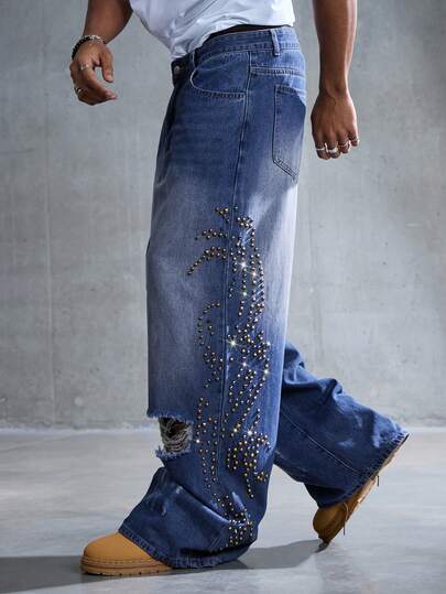 Men's Pocket Distressed Studded Wide Leg Casual Jeans