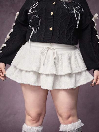 Kawaii Große Größen Y2K Rüschen Saum Mini Rock, süßer Plüschstoff für Frauen