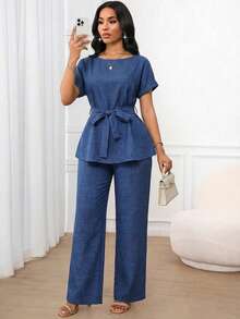 SHEIN Lady 女士纯色圆领短袖卷边收腰休闲简约两件套 - 藍色 - 查看 6