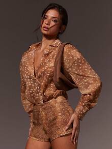 Athîral 女士休闲度假风鹿纹宽松落肩长袖棕色衬衫，宽松版型，柔软舒适的梭织面料，半透明效果，印花衬衫，女士休闲上衣，女士度假装，女士生日装，女士外出上衣，女士嘉年华装，女士海滩装，女士春季装，夏季假期装，女士情人节装 - 彩色 - 查看 4