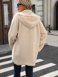 SHEIN LUNE 女士纯色仿毛皮连帽长袖外套 - 米色 - 查看 2