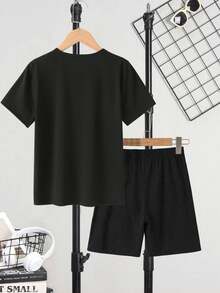 Young BoyBasic Short Sleeve T-Shirt + Black Shorts Set - Multi-Color - Black - View 2