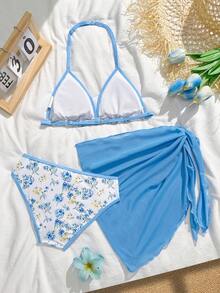 SHEIN 3件套女童/女孩黑色系列泳装套装，沙滩度假派对，春夏印花比基尼三件套泳装套装，带罩衫的比基尼套装，带纱笼裙的比基尼套装，少女泳装三件套，保守比基尼套装，女童沙滩套装，女童印花泳衣，蓝色比基尼三件套泳装，少女蓝色泳装三件套，蓝色花朵泳装三件套，沙滩女孩套装，少女两件套，三件套比基尼，三件套泳装，印花比基尼套装，三件套泳装，少女泳装，夏季女童套装 - 藍色 - 查看 2