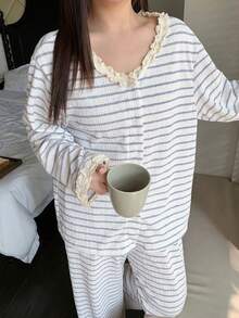 Dazy Plus Fashionable Striped Contrast Lace Loose Casual Pajama Set, Includes Top And Pants, Suitable For Spring And Autumn - Grey - View 4