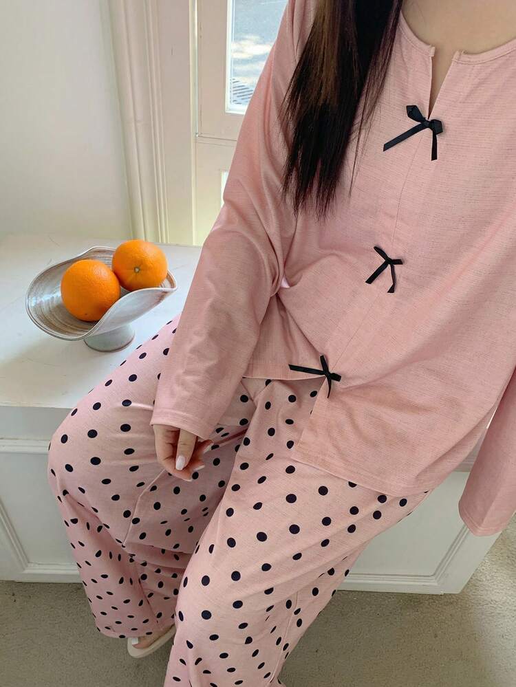 Dazy Plus Plus Size Women Cute Polka Dot Pajama Set With Bow Decor Long Sleeve Top And Pants, Casual Sleepwear For Spring, Summer, Autumn