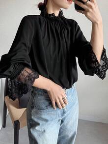 FRIFUL Women's Lace Trim Pleated Collar Fashion Versatile Long Sleeve Blouse For Commuting - Black - View 6