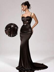 Coutiva Vestido de Festa Elegante Feminino com Renda e Aplicação de Strass, Vestido de Festa Formal Preto, Vestido de Gala Elegante Preto Elegante e Sexy, Dia dos Namorados - Castanho - Visão 1