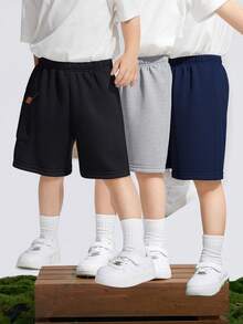 SHEIN 3入組男童休閒舒適針織短褲套裝，有口袋和徽章裝飾