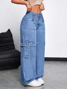SHEIN Tall Quần jeans nữ ống rộng, kiểu dáng thường ngày, đa năng, có túi nắp và cúc cài phía trước. - Màu xanh lam - Xem 5