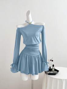 Sweetra 优雅法式秋季活力红色情人节女士连衣裙，采用独特的露肩吊带领口设计，金属搭扣点缀，收腰设计，蝴蝶袖口，性感修身剪裁。 - 藍色 - 查看 6