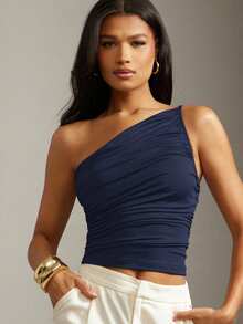 Hauture Women's Basic Casual Office Old Money One Shoulder Side Ruched Knit Jersey Brown Top - Navy Blue - View 1