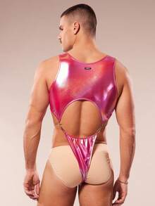 FeverCity Men's Solid Color Hollow-Out Metal Decor Jumpsuit - Pink - View 2