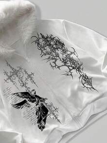ROMWE MEN Goth Men's Slogan Print Zip-Up Hooded Sweatshirt With Fur Collar - White - View 5