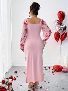 Elenzga Floral Print Puff Sleeve Ruched Waist Fitted Mid-Length Dress, Elegant & Youthful For Everyday Wear, Spring/Autumn Women - Pink - View 2