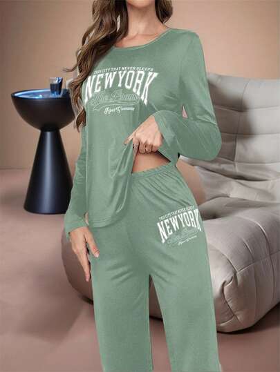 Lazeform Letter Print Minimalist Loose Fit Long Sleeve Top & Pants Women Pajama Set, Fall & Winter Clothes