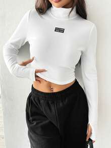 SHEIN EZwear Women's Knitted Turtleneck Letter Patch White Long Sleeve Slim Fit T-Shirt Crop Top Long Sleeve Turtle Neck Top Shirts Crop High Neck Tops,Fall,Fall Clothes For Women - White - View 3