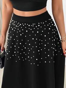 EURMUSE 女士优雅仿珍珠串珠荷叶边半身裙 - 黑色 - 查看 5