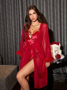 SilkySpell Women's Sexy Feather Satin Robe, High Slit Slip Dress, Alluring Sleepwear Set Red Lingerie Dress Red Satin Pajamas Women Red Night Gown - Burgundy - View 6