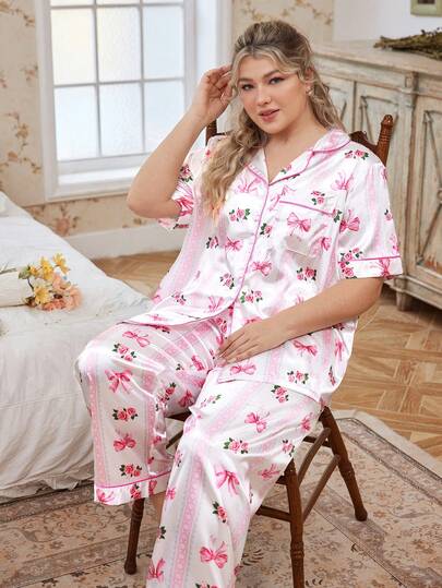 Romantic Floral Bow Lace Striped Print Faux Silk Plus Size Pajama Set Sleepwear Set Women Summer Pajama Women Sleepwear Pajamas Set Summer Pajamas Set