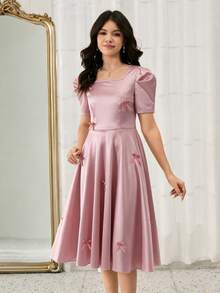 Rochie elegantă din satin pentru adolescente, rochie moale și confortabilă cu mâneci bufante, guler pătrat, cu mâneci tip felinar și decor cu fundă, potrivită pentru purtare zilnică, petreceri de ziua de naștere, evenimente