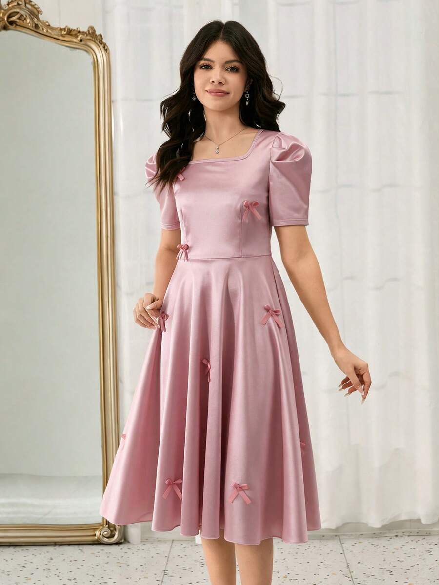 Rochie elegantă din satin pentru adolescente, rochie moale și confortabilă cu mâneci bufante, guler pătrat, cu mâneci tip felinar și decor cu fundă, potrivită pentru purtare zilnică, petreceri de ziua de naștere, evenimente