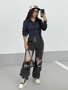 StreetHx Women's Retro Fitted Striped Shirt - Navy Blue - View 5