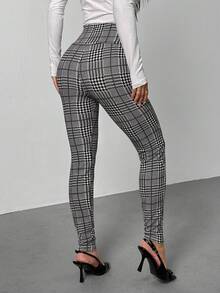 SHEIN PETITE Quần dệt kim cạp cao màu đen trắng họa tiết kẻ caro thanh lịch dành cho nữ, mùa hè - Đen và trắng - Xem 2