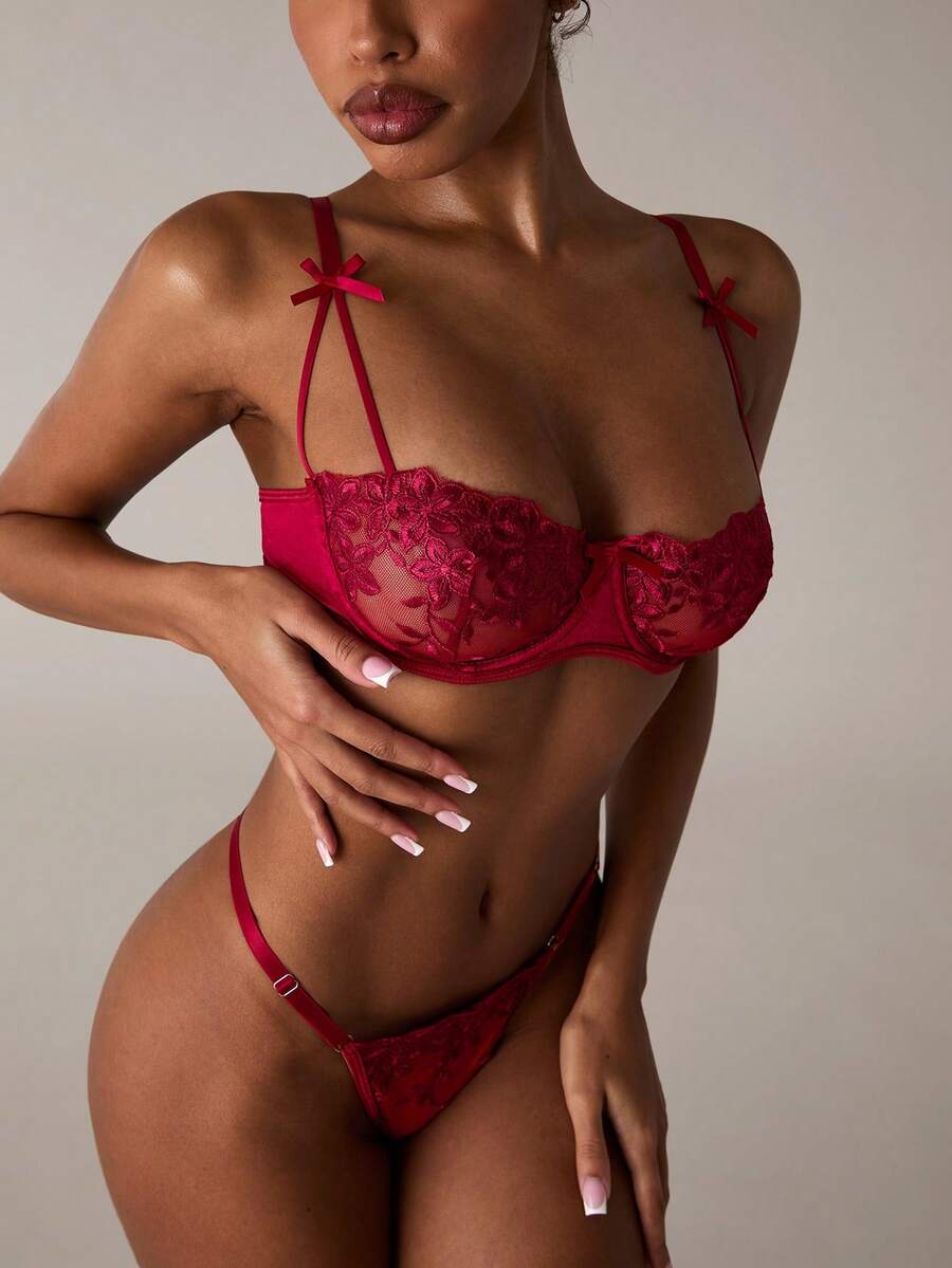SHEIN BAE 2件紫色浪漫花卉刺绣性感内衣套装女士 - 酒紅色 - 查看 1