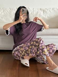 DAZY 撞色荷叶边宽松T恤上衣和印花睡裤女士睡衣套装 - 紫色 - 查看 5
