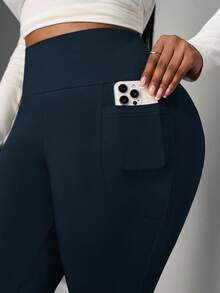 SHEIN PETITE CURVE Quần legging ống loe có túi, quần bó cạp cao, chất liệu thun co giãn, màu đen trơn, mặc nhà, thoải mái khi đi học, mặc nhà, tập yoga, hoạt động ngoài trời cỡ lớn dành cho nữ, thu đông - Xanh đậm - Xem 8