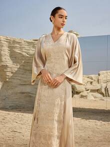 Al Najma Women's V-Neck Pleated Floral Embroidery Pattern Elegant Party Arabic Dress - Apricot - View 7