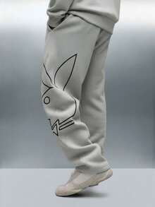 PLAYBOY X SUMWON Drop Crotch Joggers With Bunny Logo Print Relaxed Fit Drawstring Waist Sweatpants - Grey - View 2