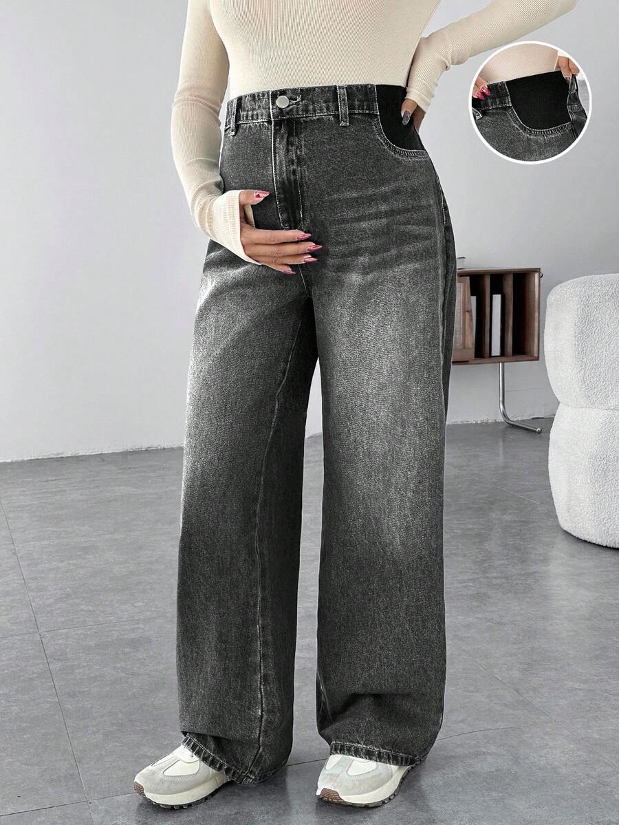 SHEIN Maternity Casual Loose Wide Leg Jeans - Grey - View 1