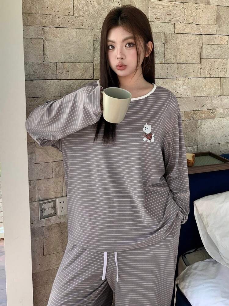 Dazy Plus 2pcs Plus Size Women Striped Loose Pajama Set, Cartoon Animal Print Pattern, Suitable For Spring & Autumn