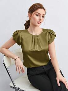 BizChic Áo sơ mi nữ màu xanh lá cây cổ tròn, tay bồng xếp ly, kiểu dáng tối giản, phù hợp cho mùa xuân/hè, đa năng cho các dịp thường ngày, trang trọng, dự tiệc, đi biển, lễ tốt nghiệp và nhiều hơn nữa. - xanh quân đội - Xem 2