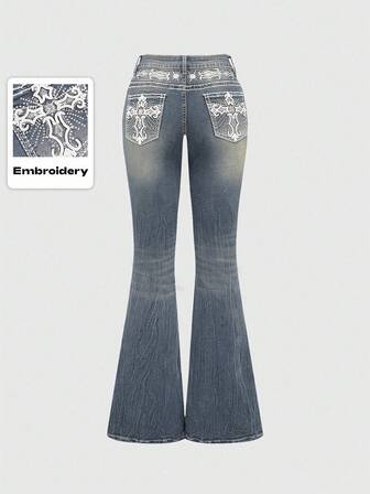 Grunge Punk Jeans da donna a vita alta con tasche, ricamo a croce e ali, aderenti con gamba a zampa, in stile retrò Y2K