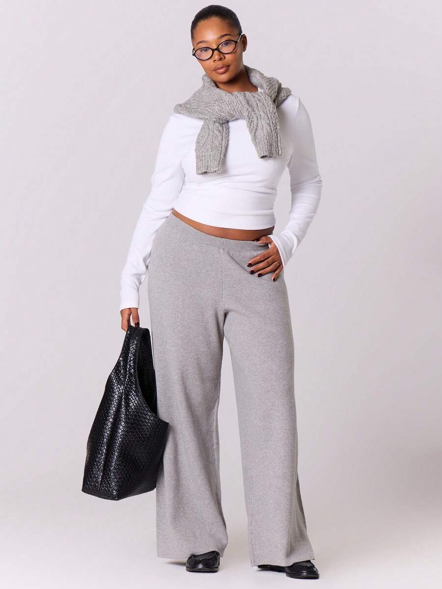 MUSERA Plus Solid Wide Leg Knit Pants - Grey - View 1