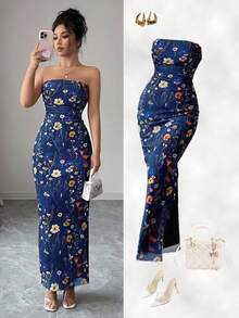 Rafferiza Vestido ajustado con abertura y estampado floral de rama elegante con fruncido para mujer - Azul Marino - Ver 1