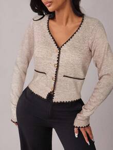 Radiana Áo khoác cardigan dệt kim cổ chữ V kiểu Pháp, mẫu mới mùa thu, đa năng. - Màu be - Xem 3
